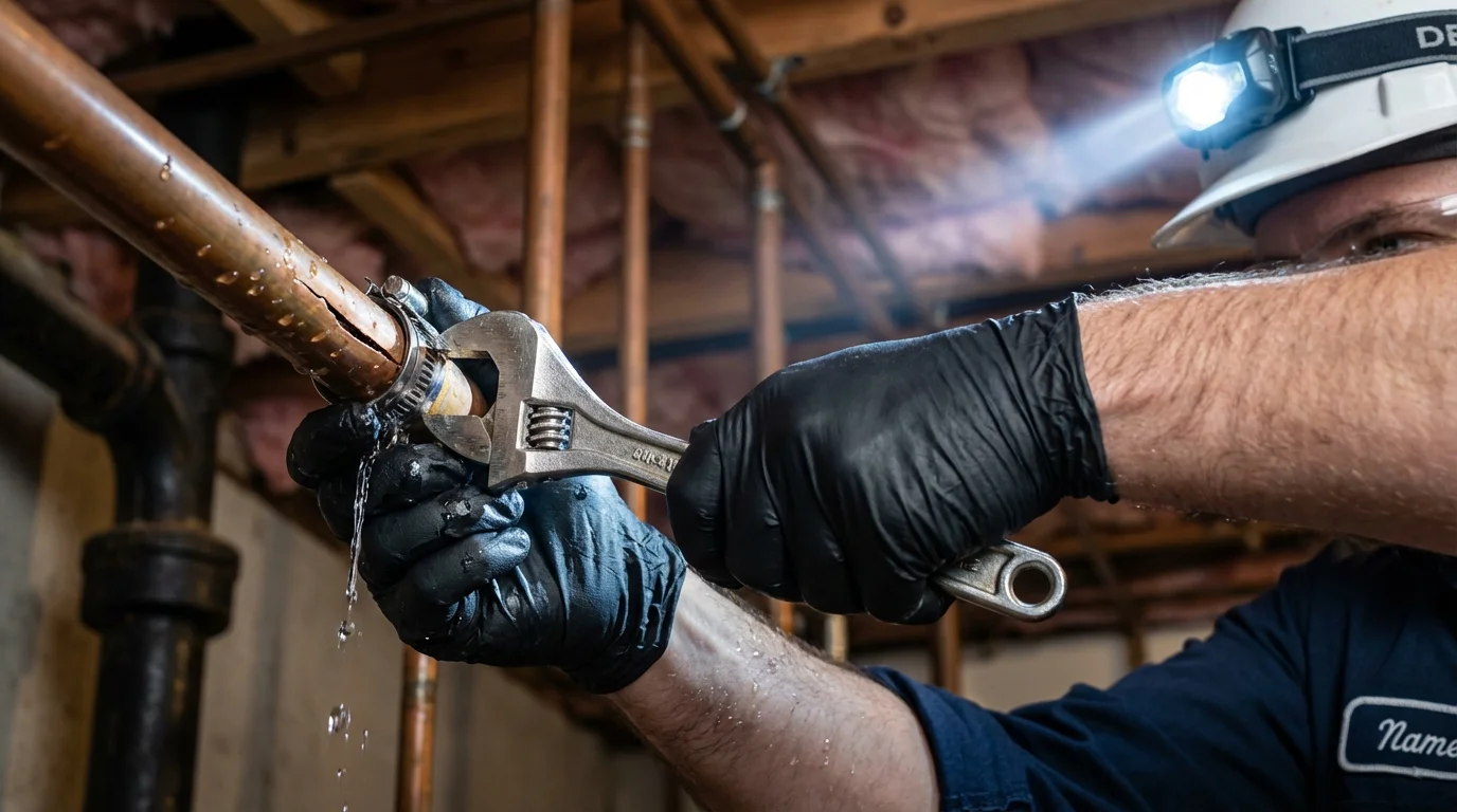Emergency pipe clamp repair being performed by a Johns Plumbing LLC plumber in Laguna Beach