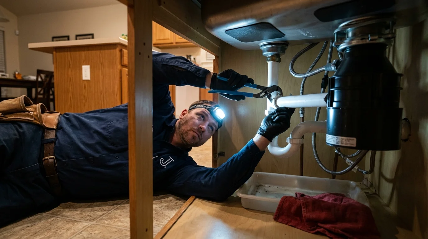P-trap and supply line connections under a kitchen sink showing a common leak point in Laguna Beach, CA